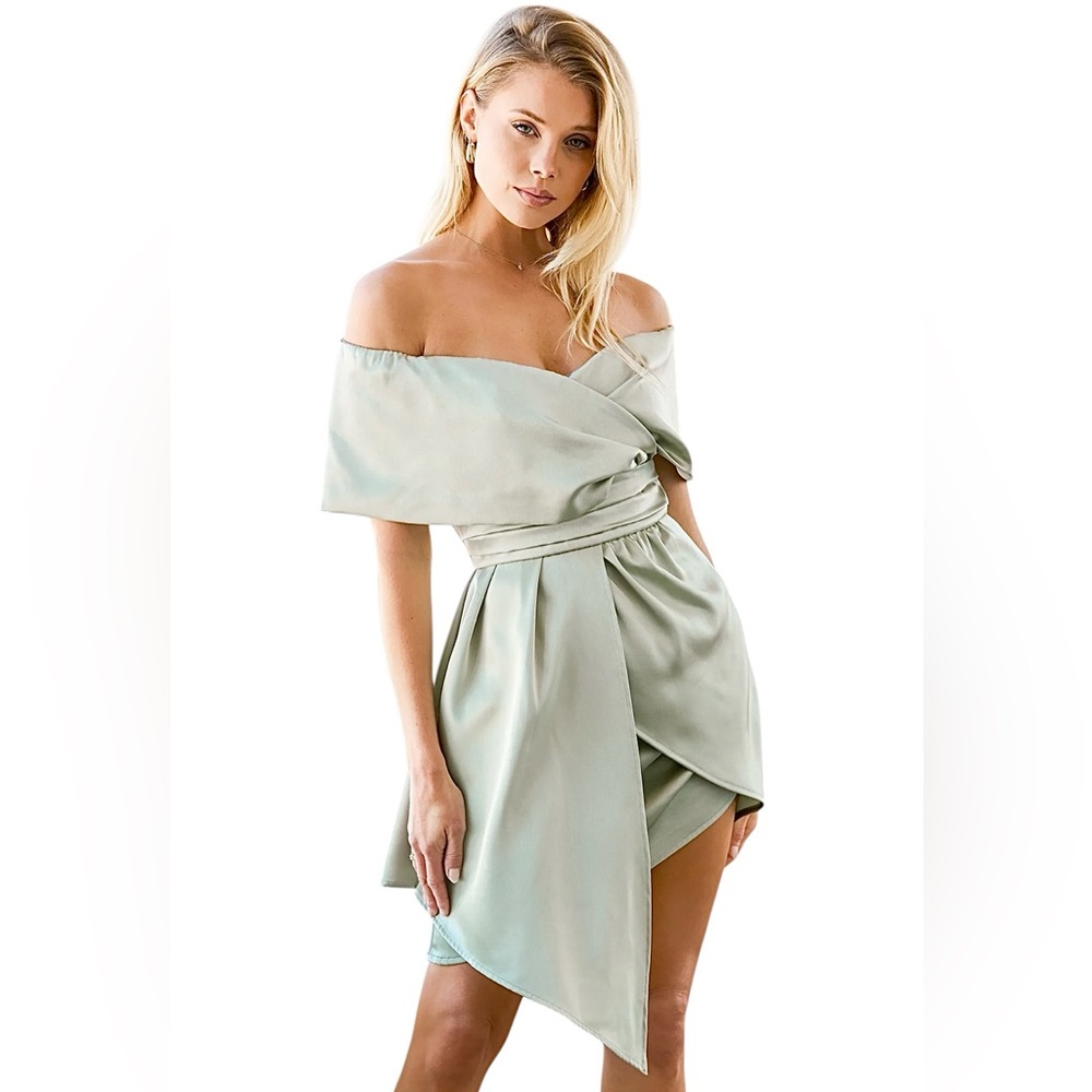 Lulus Always Celebrating Sage Asymmetrical Off Shoulder Mini Dress Small NWT